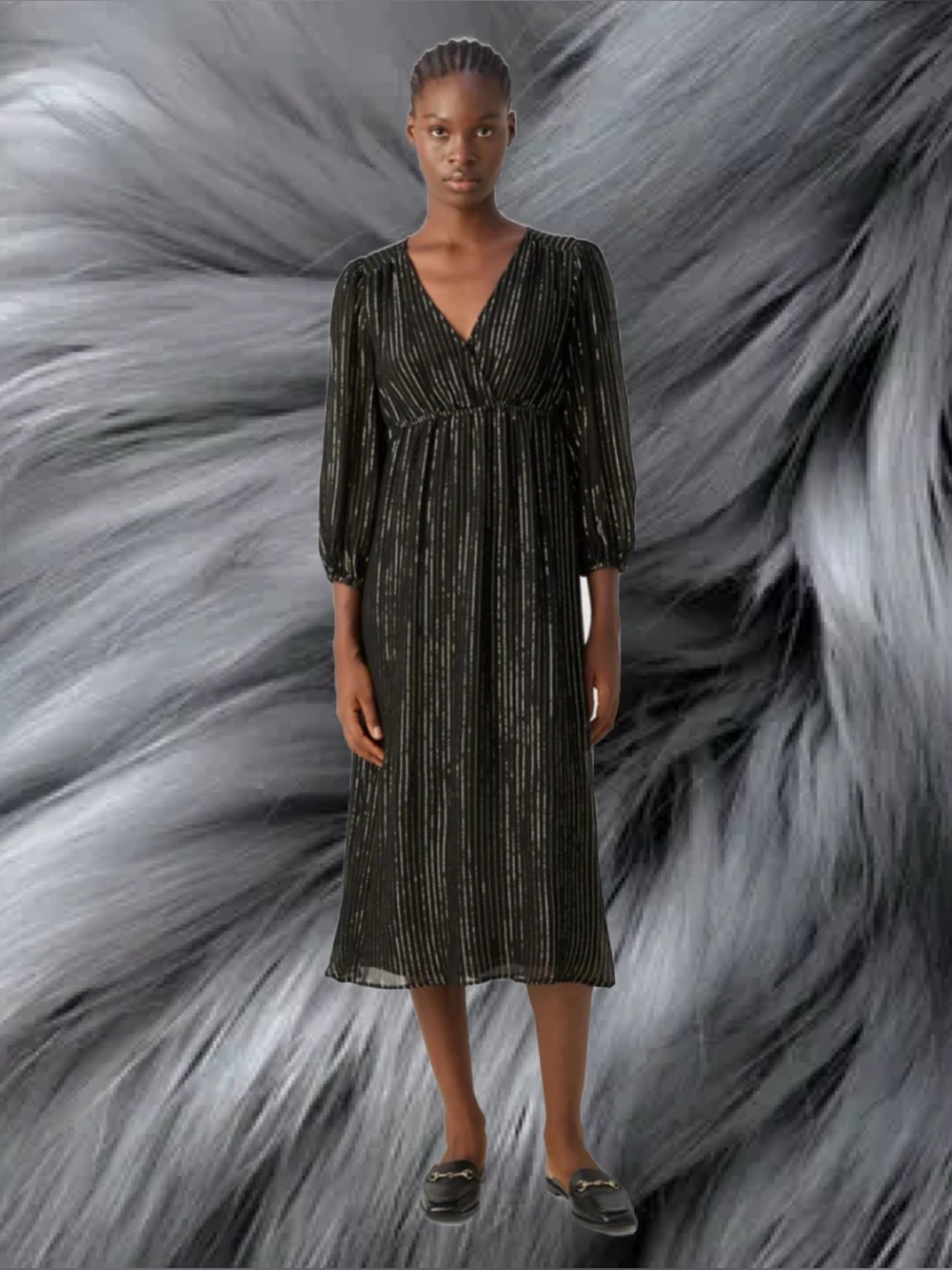 Elegant Black Sparkle Metallic-Striped Midi Dress with Puff Sleeves - Picture 3 of 5